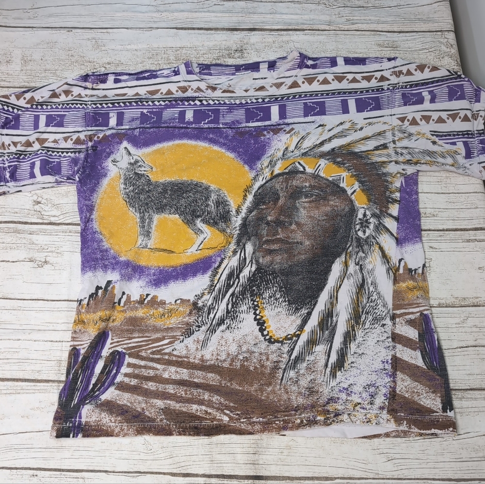 VTG Single Stitch AOP Wolf Native American Desert Scene T Shirt